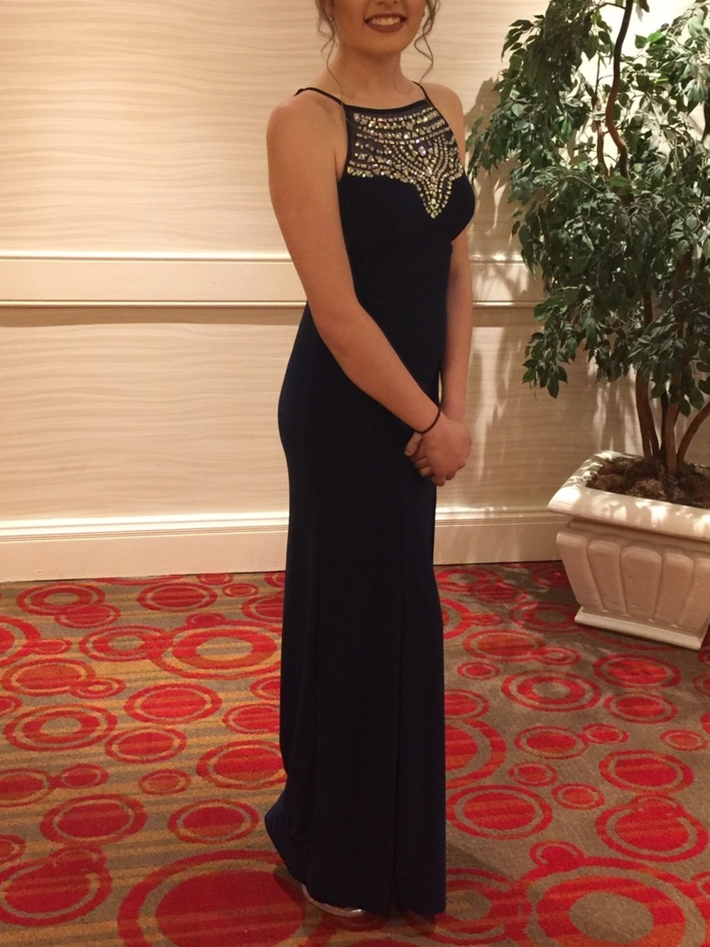 B.Darlin Navy Blue Beaded Halter Evening Dress